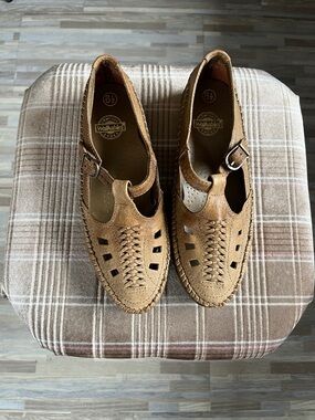 Walkables Tan Woven Leather Mary Jane Flats